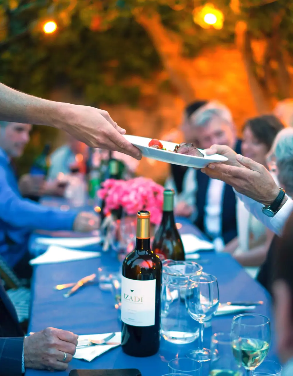 Guests dining under the trees on a summer night